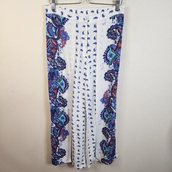 W For Woman Rayon Culotte Pants Boho Side Split Paisley Size 10 White Blue - Picture 1 of 7